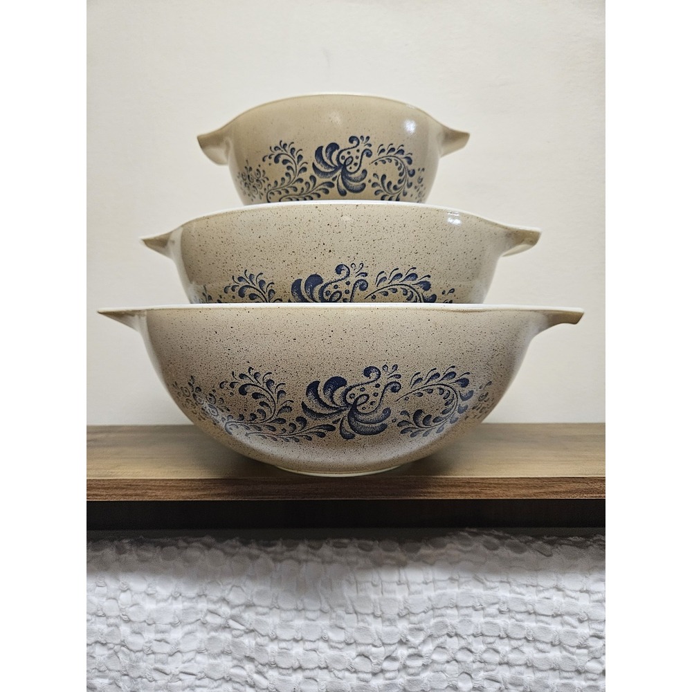 Vintage Pyrex Homestead Cinderella Bowl Set Speckled Blue Floral 441 443 444 3pc
